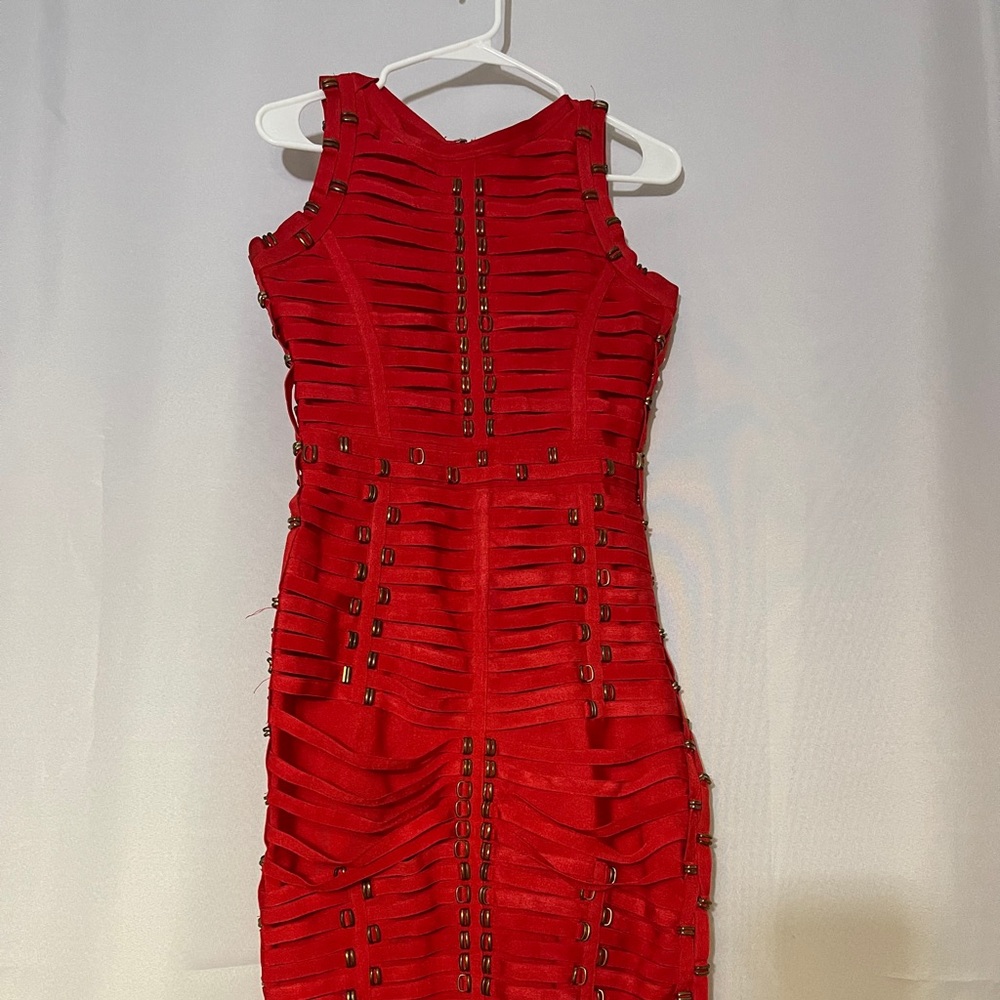 Slim-Fit, Red MIDI Dress | size Large